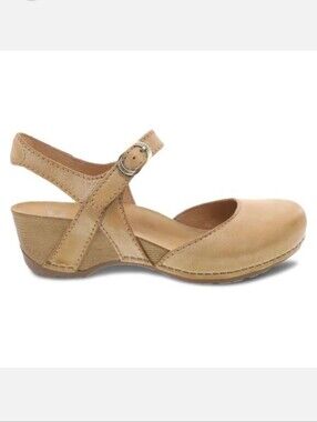 Dansko Tiffani Mary Jane Wedge Sandal Milled Burnished Size 39 8.5 9 Tan Leather